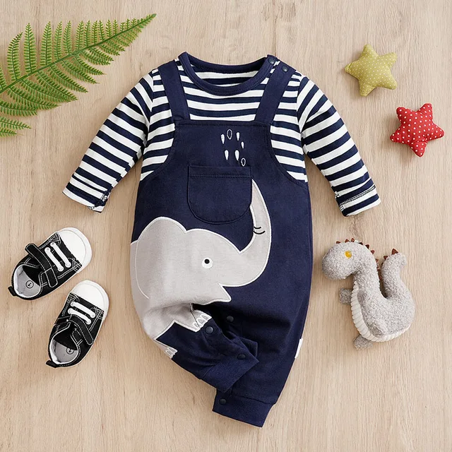 Chłopcy dziewczęta unisex noworodek Onesies Romper 0-18 miesięcy odzież dla maluchów niemowlę z długim rękawem w paski słoń bawełniany kombinezon
