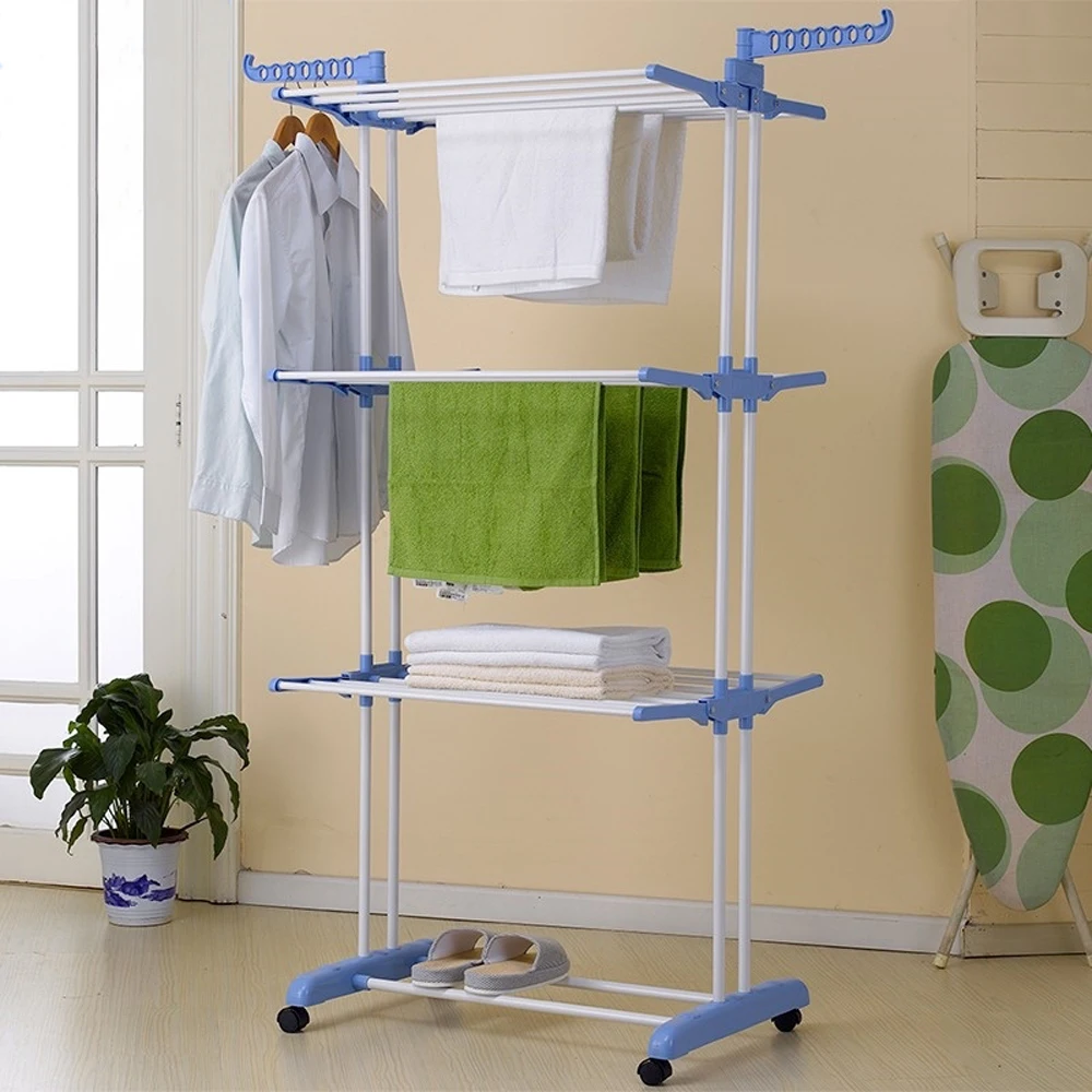 High Quality Three Layer Towel Rack Blue Color For BathroomClothes Storage Drying Rack Portable Folding Dryer Hanger Heavy Duty
