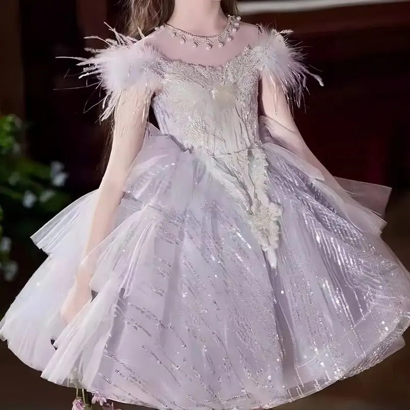 

Purple Princess Dress Feather Embellished Wedding Gown Flower Girl Dress Party Dress Elegant Formal Wear