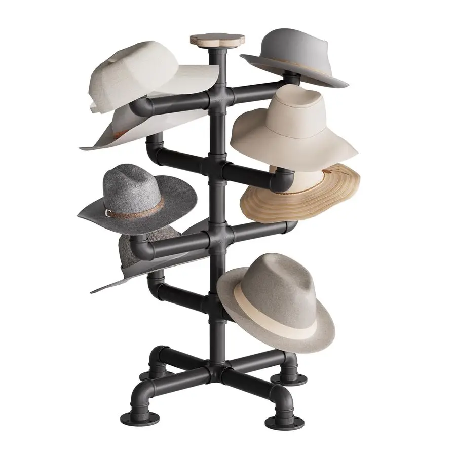 Hat Racks Heavy Duty Metal Pipe Hat Display 8 Rustic Solid Wood Hooks Free Standing Cap Organizer for Hats Wigs Headwear Tableto