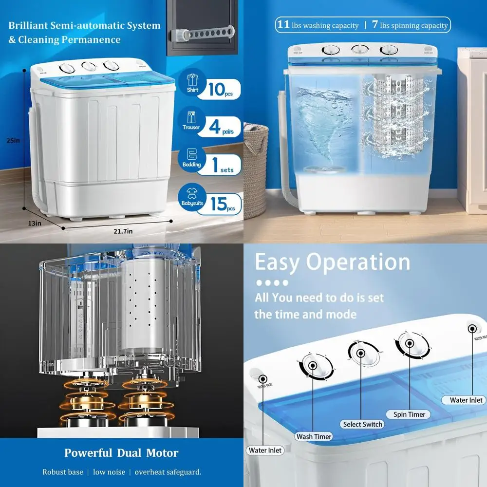 

Мини-стиральная машина с двумя баками (18 фунтов) с сушильной корзиной, стиральная машина на 11 фунтов и центрифуга на 7 фунтов, идеально подходит для общежитий, синяя.