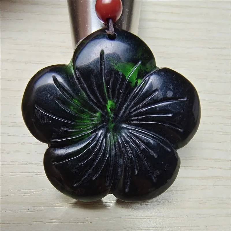 Medicine King Stone Pendant Fashion Dark Green Jade Flower Necklace Ethnic Style