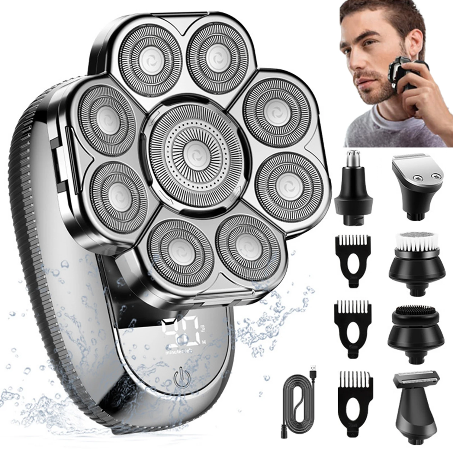 

Модернизированная электробритва для мужчин, 9D-головка, перезаряжаемые роторные бритвы для лысиных мужчин, бритва 6 в 1, комплект, беспроводной триммер для волос