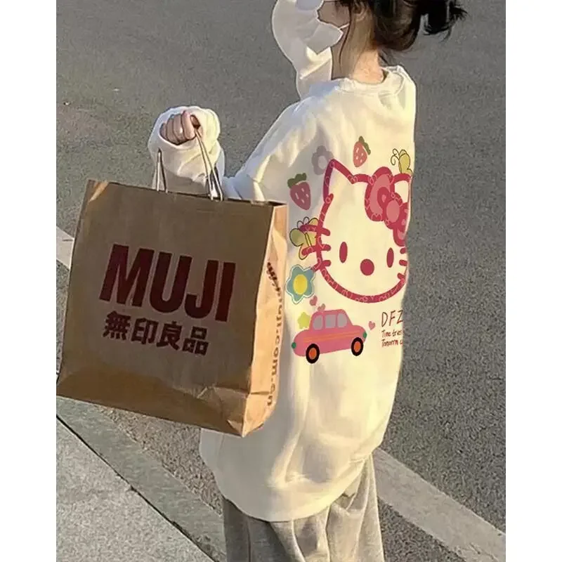 Japanese Kawaii Clothes Hello Kitty Print O-neck Sweatshirt Women New Street Style Student Oversize Long Sleeve Jumper Aesthetic