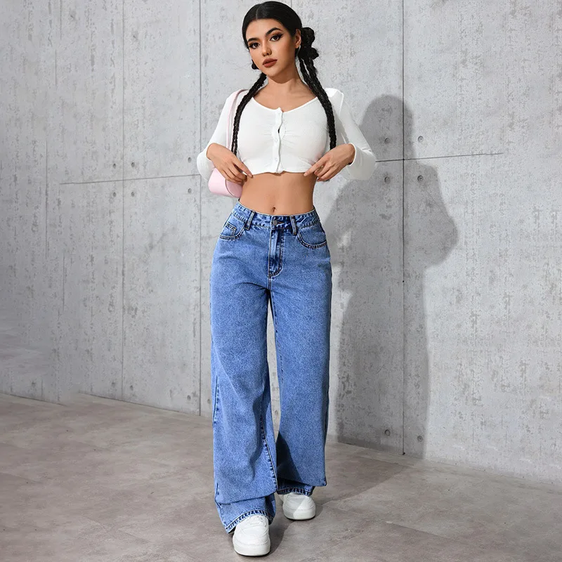 High Waist Straight Leg Jeans Women's Sweet And Spicy Style Loose Casual Long Pants Cross-Border Best-Selling Deep Blue Denim