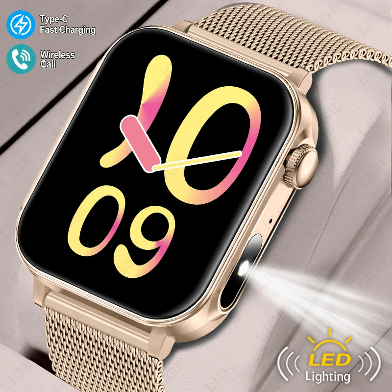 LIGE Nuovo 1.83 pollici Tipo-C Smartwatch Uomo Donna Sport Health Monitor BT Chiamata IP67 Torcia impermeabile Smart Watch per XIAOMI iOS