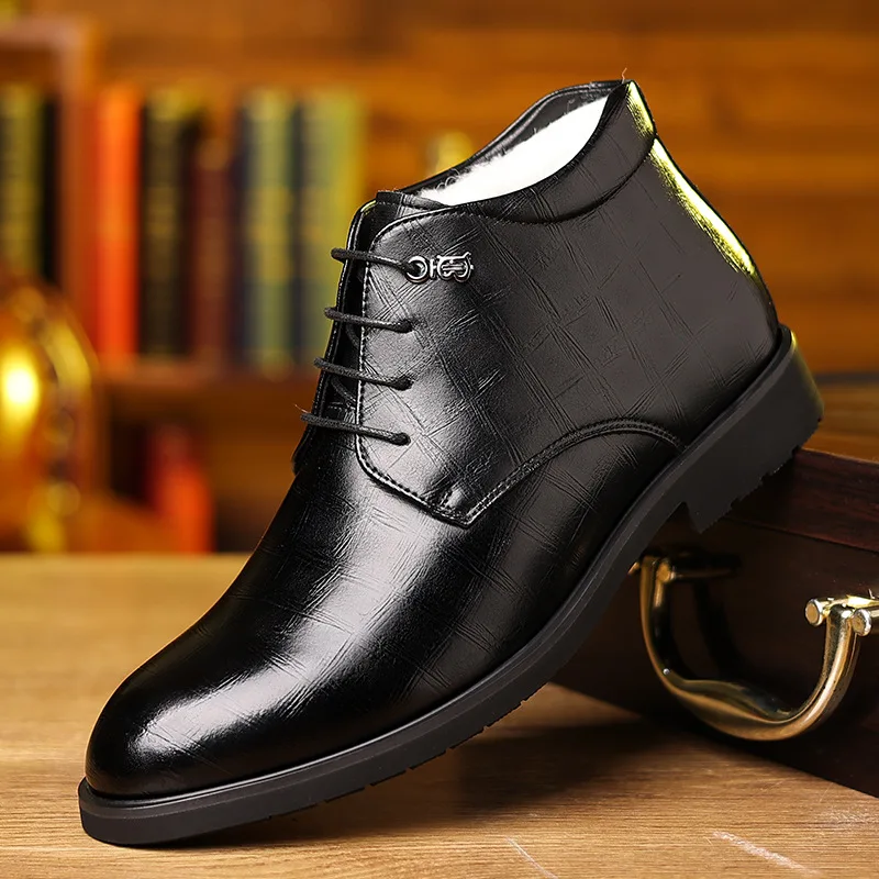 

Men's leather shoes, winter fleece warmth, business casual high-top formal cotton boots, dress shoes