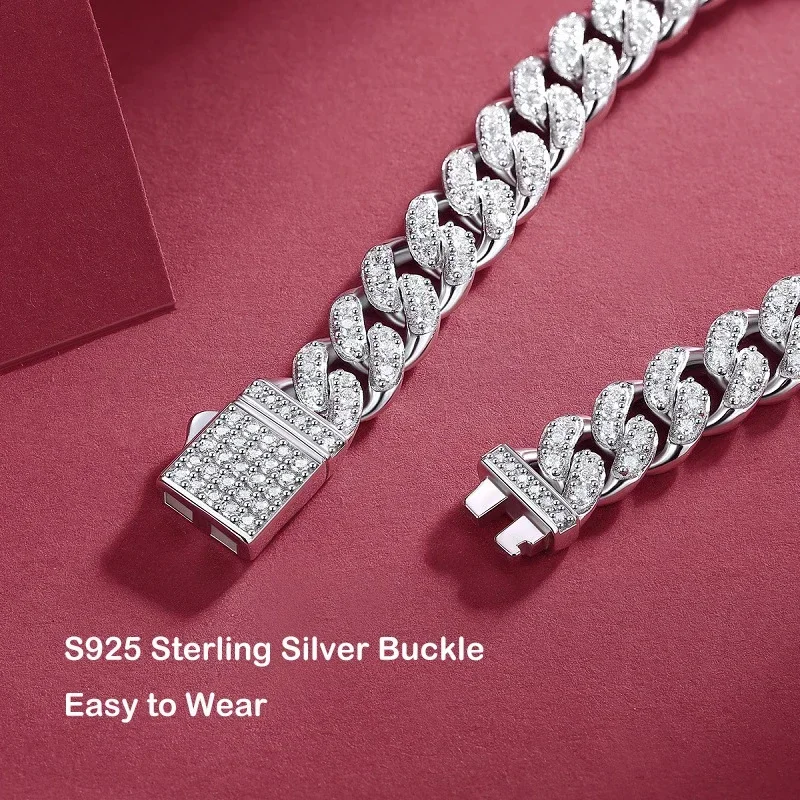 EWYA Sparkling Real Full Moissanite bracciale a catena cubana per uomo donna 8mm S925 bracciali a maglie con diamanti Hip Hop in argento Sterling