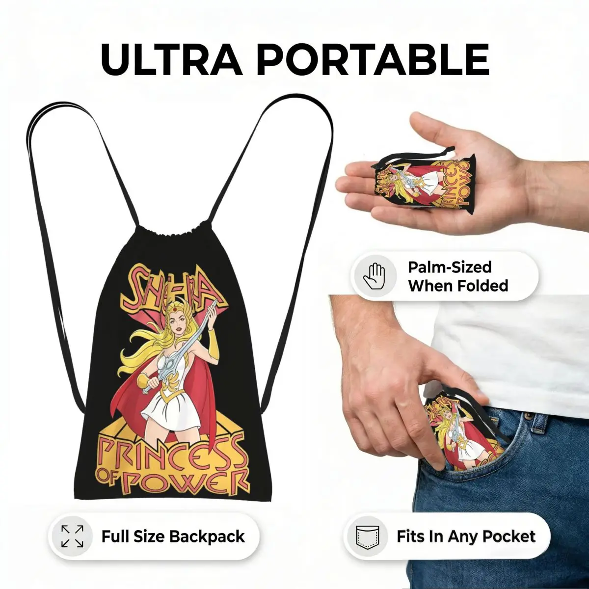 She Ra Princess Of Power Cartoon Drawstring Backpack hiking cycling Bag Portable Travel Drawstring Bag for Men Women