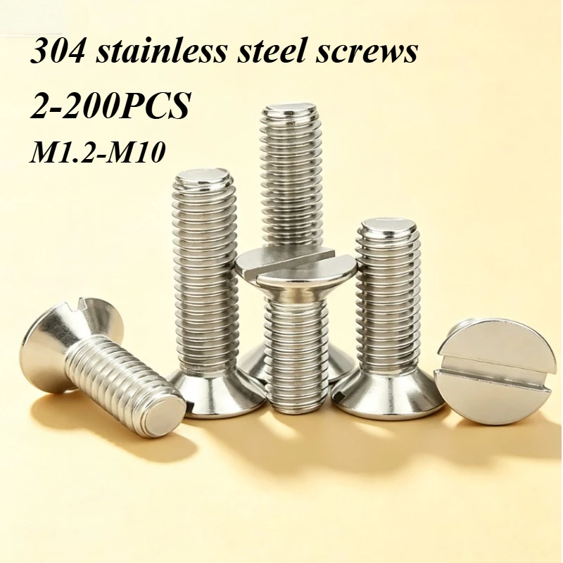 2-200pcs 304 Stainless Steel Slotted Flat Head Machine Screws DIN963 Countersunk Bolts M2 M3 M4 M5 M6 M8 M10 Hardware Fasteners