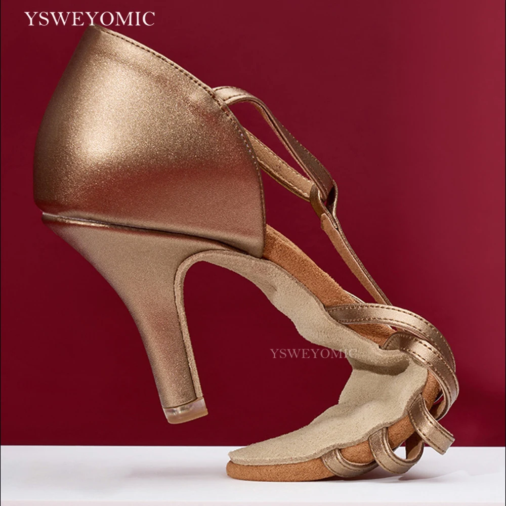Dance Shoes Women Soft Bottom T-Strap Ballroom Professional Sports Shoes Satin Leather Latin Wear-Resistant Sole Black Tan
