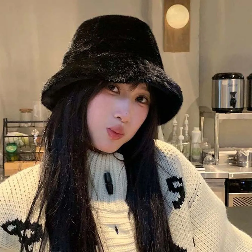 

Temperament Plush Basin Cap Imitation Mink Fur Solid Color Winter Fisherman Hat Versatile Windproof Anti-cold Bucket Hat