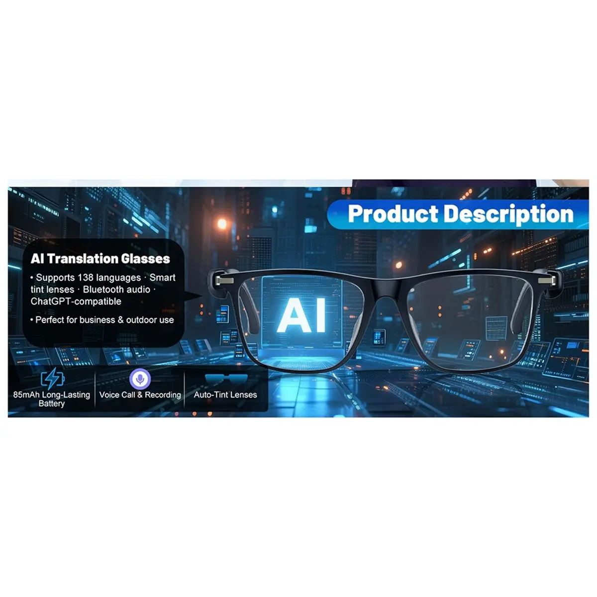 belong AI Translation Smart Glasses, 138 Languages Bluetooth Glasses, Photochromic Open-Ear Audio