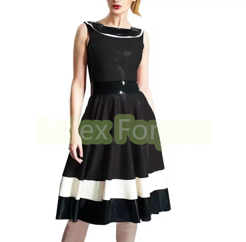 

Handmade Fetish Natural Latex Dress for Women Latex Swling Dress With White Decoration Back to Wasit Zip Evening Club Wear