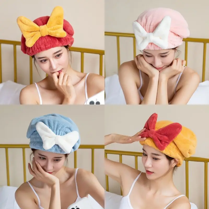 Serviettes de séchage des cheveux en velours, super absorbantes, bonnet de douche rond, séchage rapide, support mignon