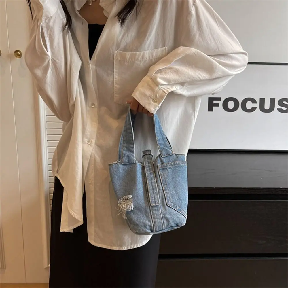 대용량 데님 버킷백 핸드백 토트백 (휴대폰 포켓, 구멍 있는 숄더백, 캔버스 도시락 가방 포함) 여성용