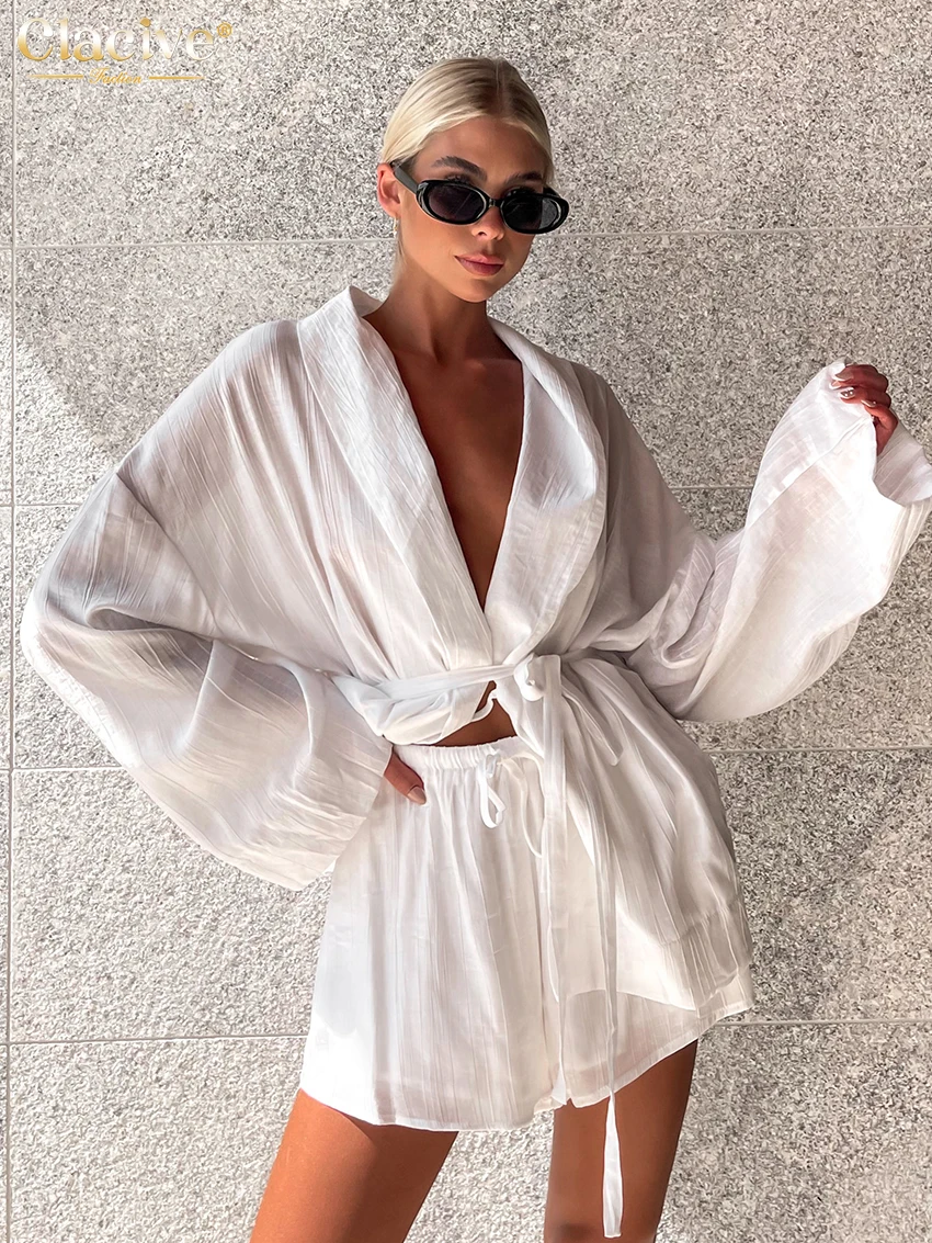 Clacive Casual White Home Suits Elegant Loose High Waist Shorts Set Fashion Long Sleeve Lace-Up Robe 2 Piece Sets Women Outfit