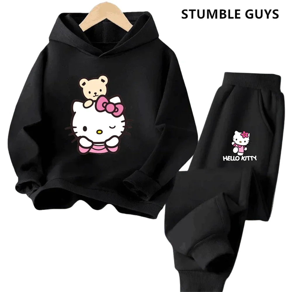 Hello Kitty Boys Girls Hoodie Trousers Set Children\'s Trucksuit Sweatshirt + Sweatpants Two-piece Fashion Set 3-14T Kids Suit