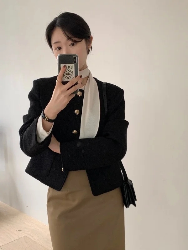 معطف Ele Ladylike ort للنساء من Faion الكورية Sle فضفاض مناسب من ألياف البوليستر لون نقي بأزرار تفاصيل بلوزة للخريف والشتاء #4