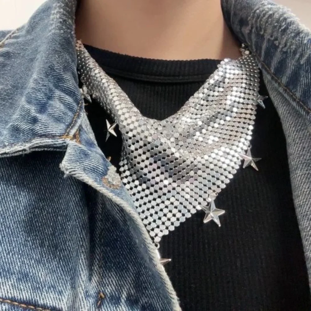 

Star Tassel Sequin Triangular Scarf Aesthetic Chain Choker Vintage Scarf Necklace Glittering Metal Bling Collar Neckerchief