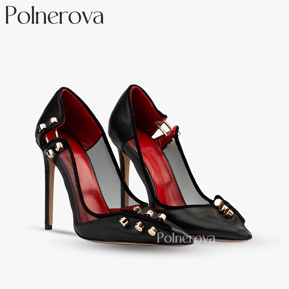 Mesh Pin Buckle High Heels for Women Sexy Style Black Leather Metal Accessories Pumps Luxury Designer Style Handmade High Heels