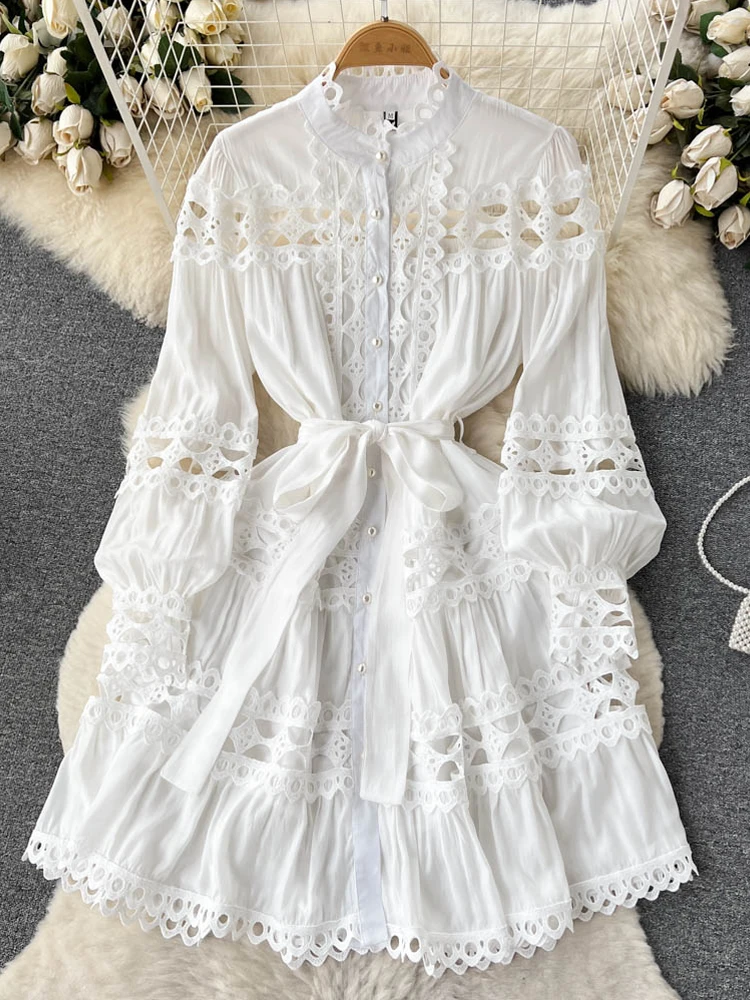 France Vintage Lace dress with sashes White 2023 Summer Vintage Long Lantern sleeve Mini dresses Hollow out Vestidos INKEO 3D020