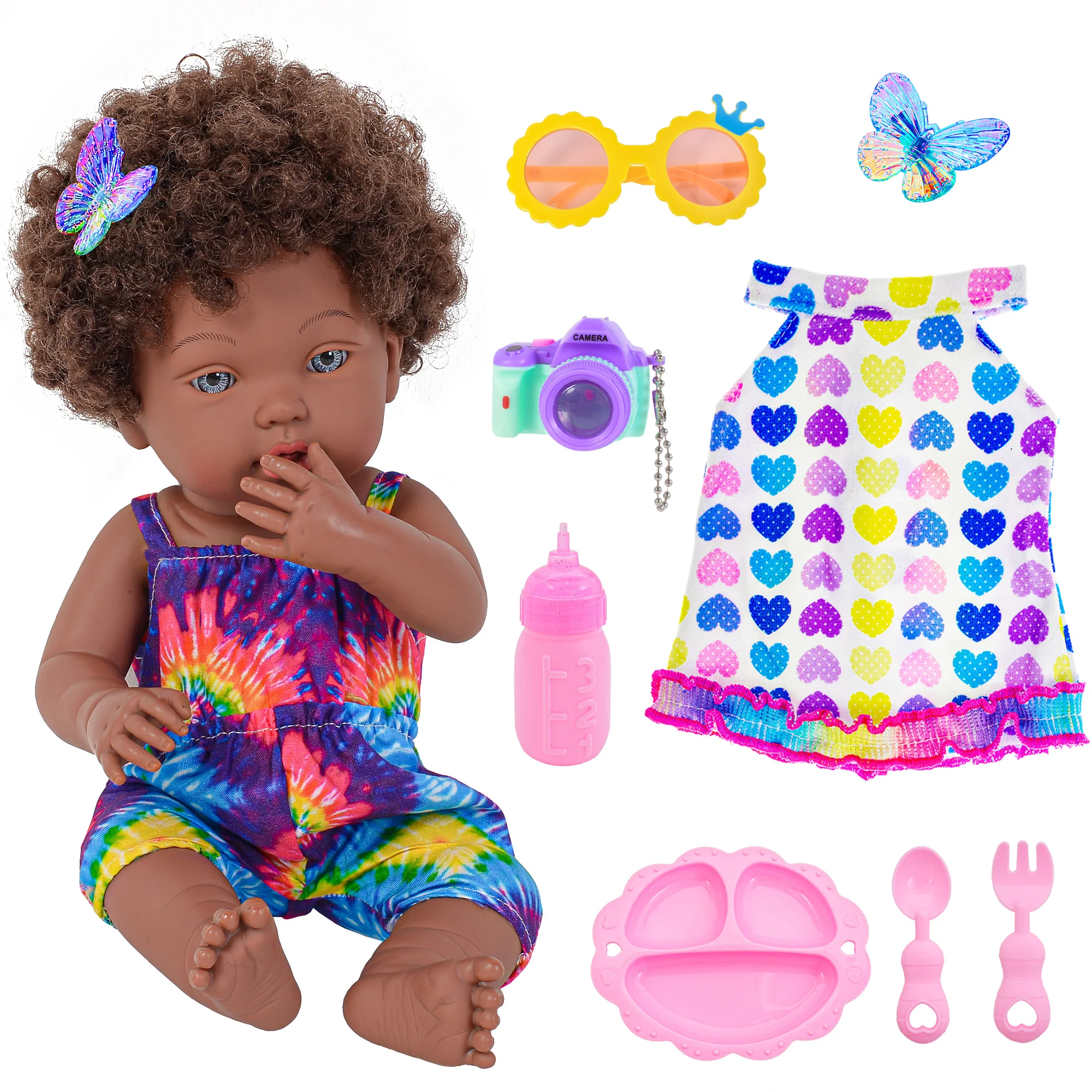 14 Inch Reborn Baby Dolls Black African American Baby Doll with Hair Include 1 Doll, 2 Sets Clothes, 7 Pcs Accessories