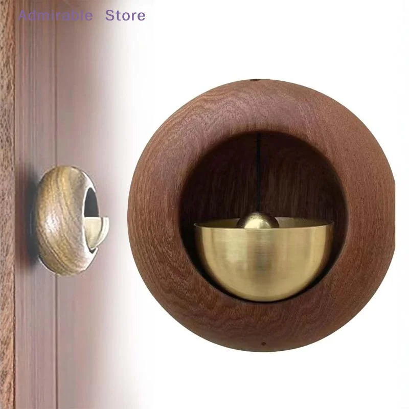 [W]1Pcs Round Bell Black Walnut Wood Hanging Doorbell Wind Chimes Decor Wooden Magnetic Door Bell Entrance Opening Chime