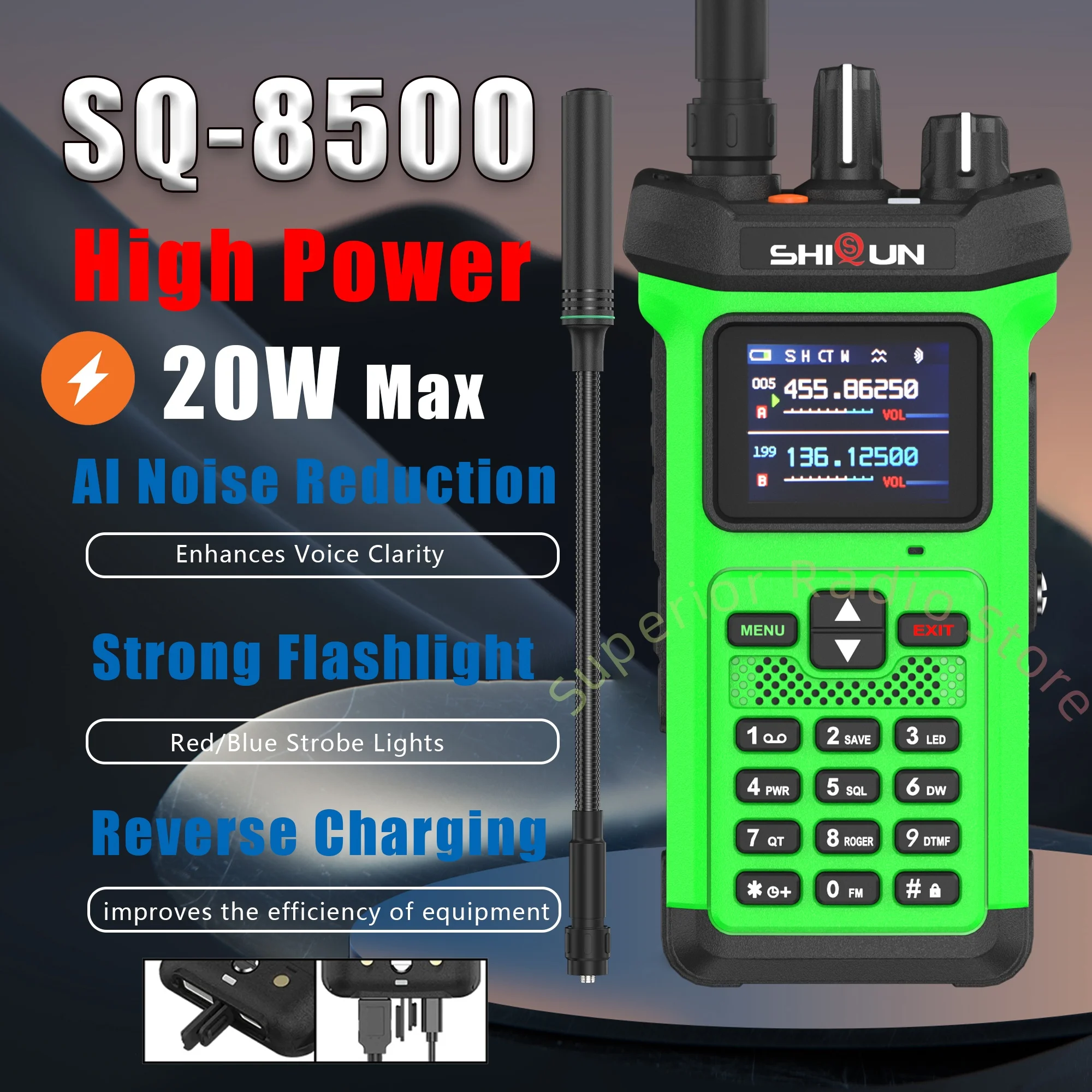 SQ-8500 اسلكية تخاطب خضراء عالية الطاقة 20 واط VHF UHF 5800 مللي أمبير AI الحد من الضوضاء عكس شاحن مصباح يدوي قوي FM كما حظر الطاقة