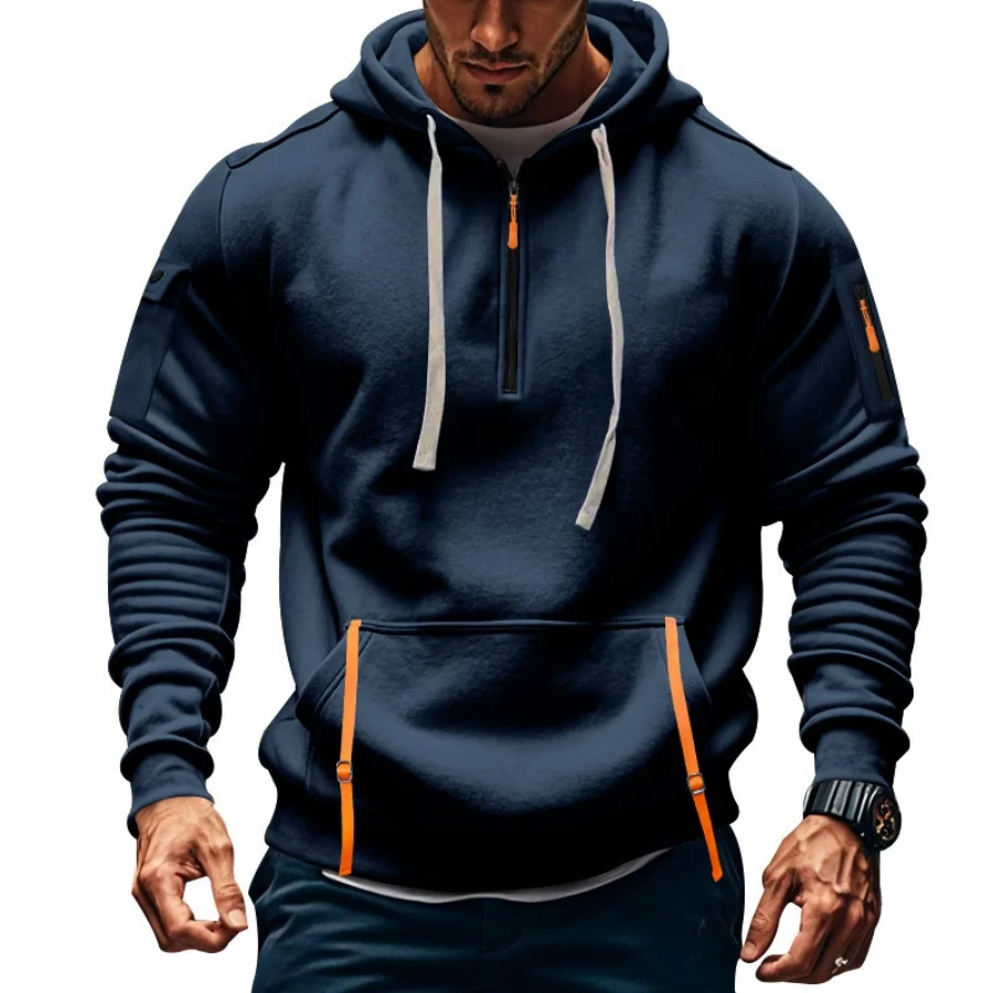 Men's casual hoodie, spring and autumn new fashion sports pullover streamer pocket loose zipper door towel long sleeve hoodie