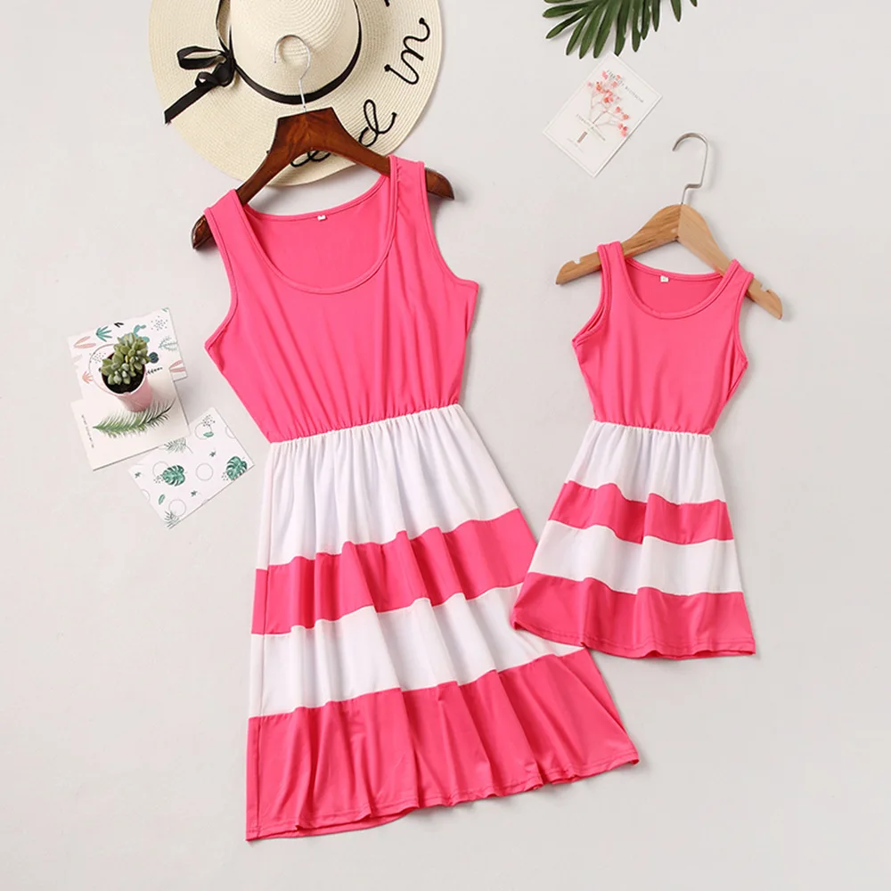 2023 new spring and summer stitching mother-daughter vest dress parent-child children\'s striped dress mother striped dress