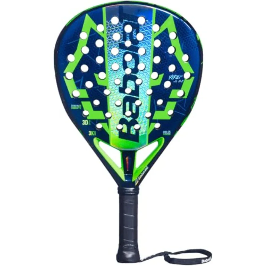 Padel racket for competitive play, carbon fiber construction, green/blue color scheme, lightweight and aerodynamic design