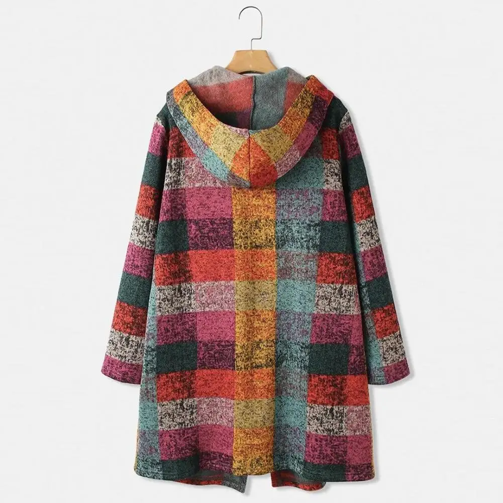 Women Cardigan Plaid Print Long Sleeve Sweater Coat Hooded Plush Lining Sweater Outerwear For Autumn Winter