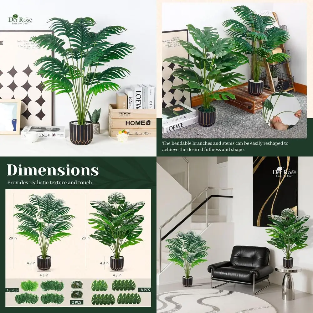 

28-Inch Tall Artificial Palm Tree and Potted Monstera for Home, Patio, and Outdoor Living Spaces