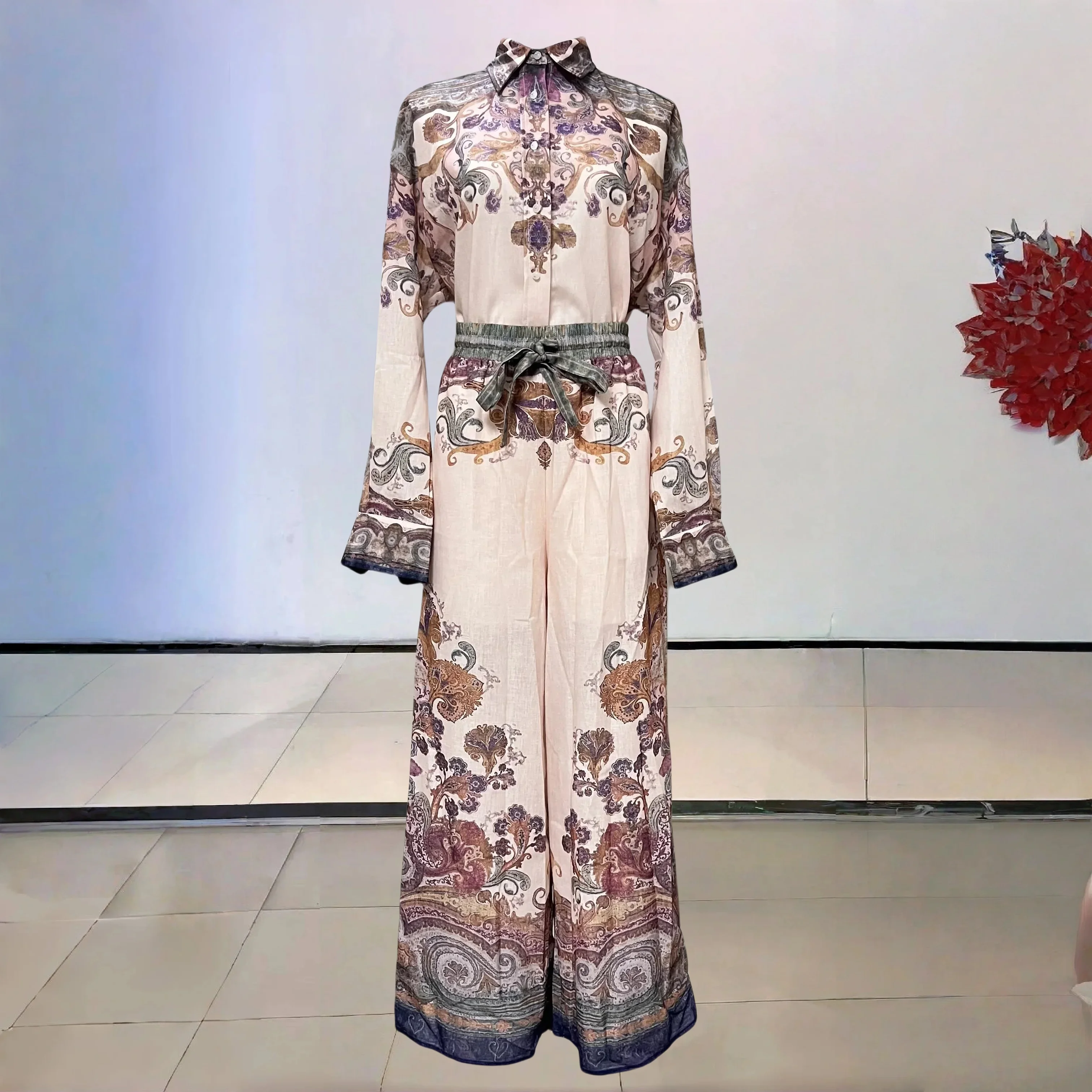 

Women Floral Linen Pant Suit Soft Fabric Puff Sleeve Top Wide Leg Pants Beach Vacation Bohemian Charm Fashion Suit 2025