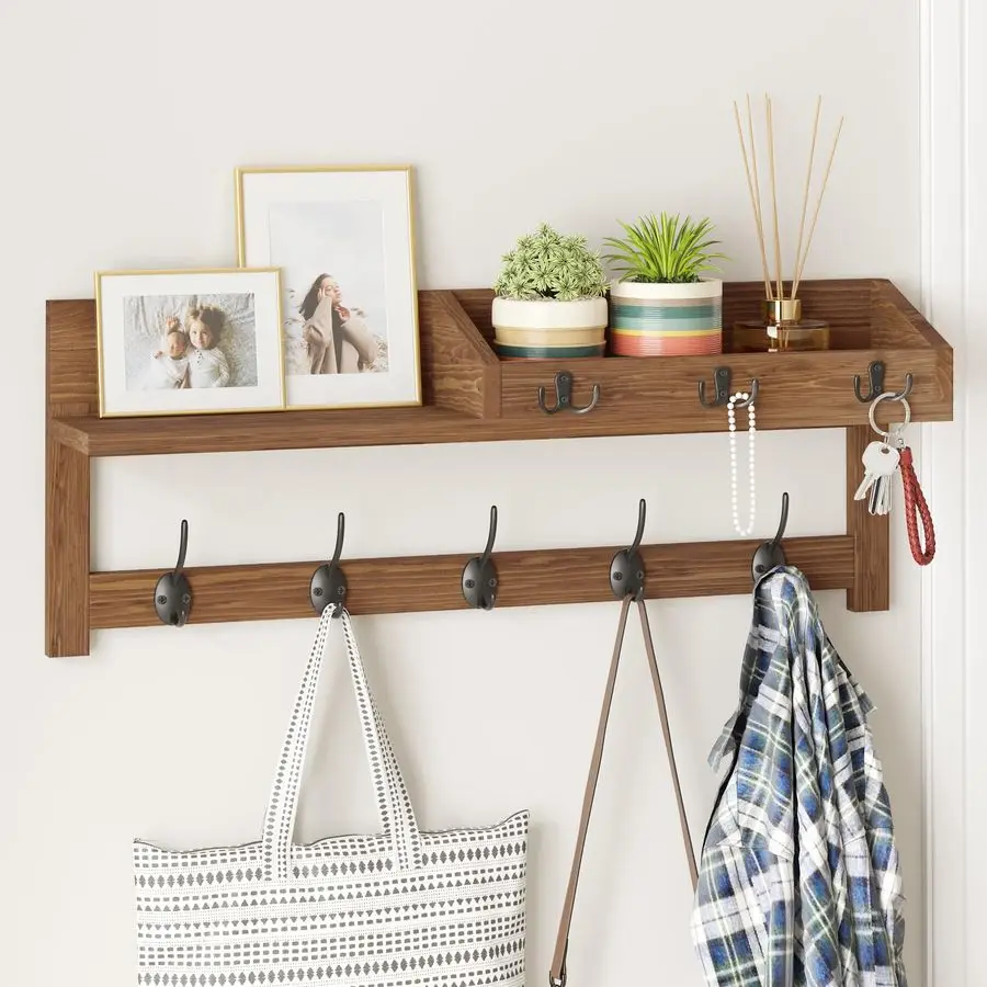 

Wall Hooks with Shelf, 26.57 Inch Entryway Wood Coat Hooks for Wall with Shelf, Coat Rack Wall Mount with 5 Dual Hooks 3 Key Hoo