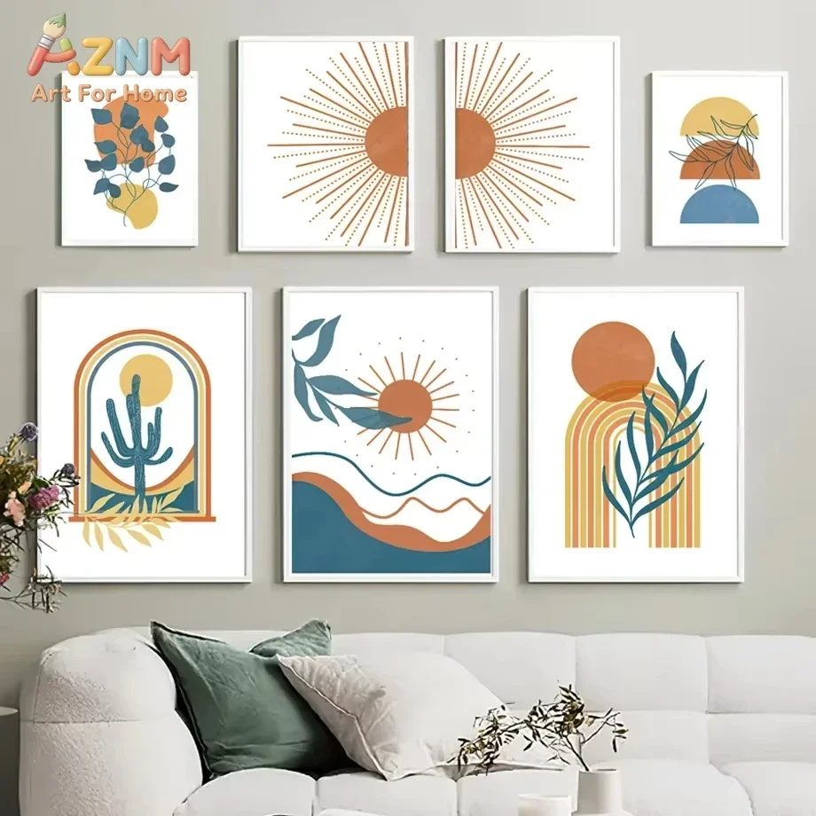 Abstract Bohemian Wall Art Canvas Painting Sun Rainbow Cactus Leaf Picture Nordic Poster Printing Living Room Home Decoration