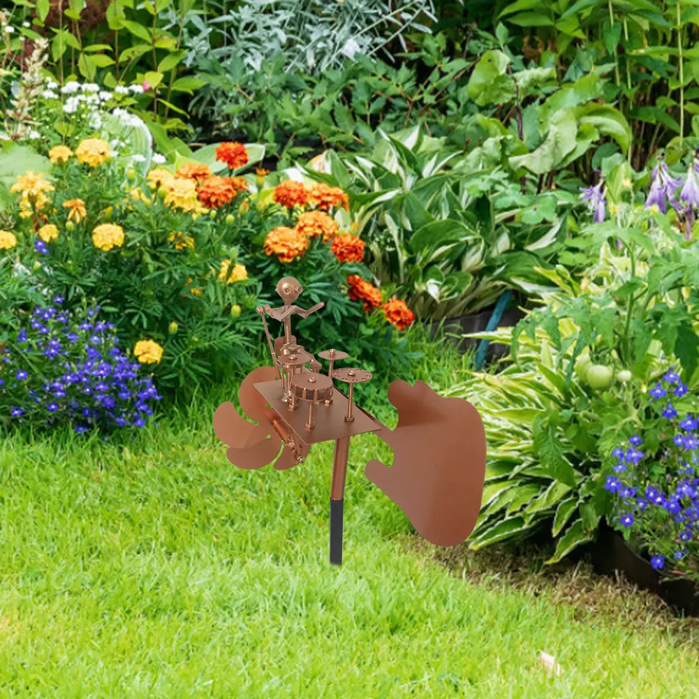 

Metal Wind Spinner Beat The Drums with The Wind Decorative Wind Power Rock Art Statue Outdoor Wind Sculpture for Yard and Garden