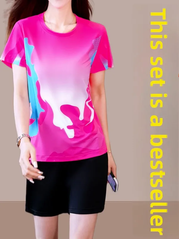 

Костюм спортивный женский из ледяного шелка, тонкий, модель 2025 года, новый, для мам, комплект из двух предметов: пуловер с круглым вырезом и шорты.