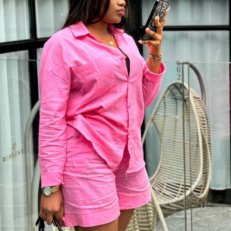 

Shorts Women Pant Set Two Piece Sets Turn Down Collar Matching Sets Spring Shirt Tops Shorts Pants High Waist Y2k Streetwear