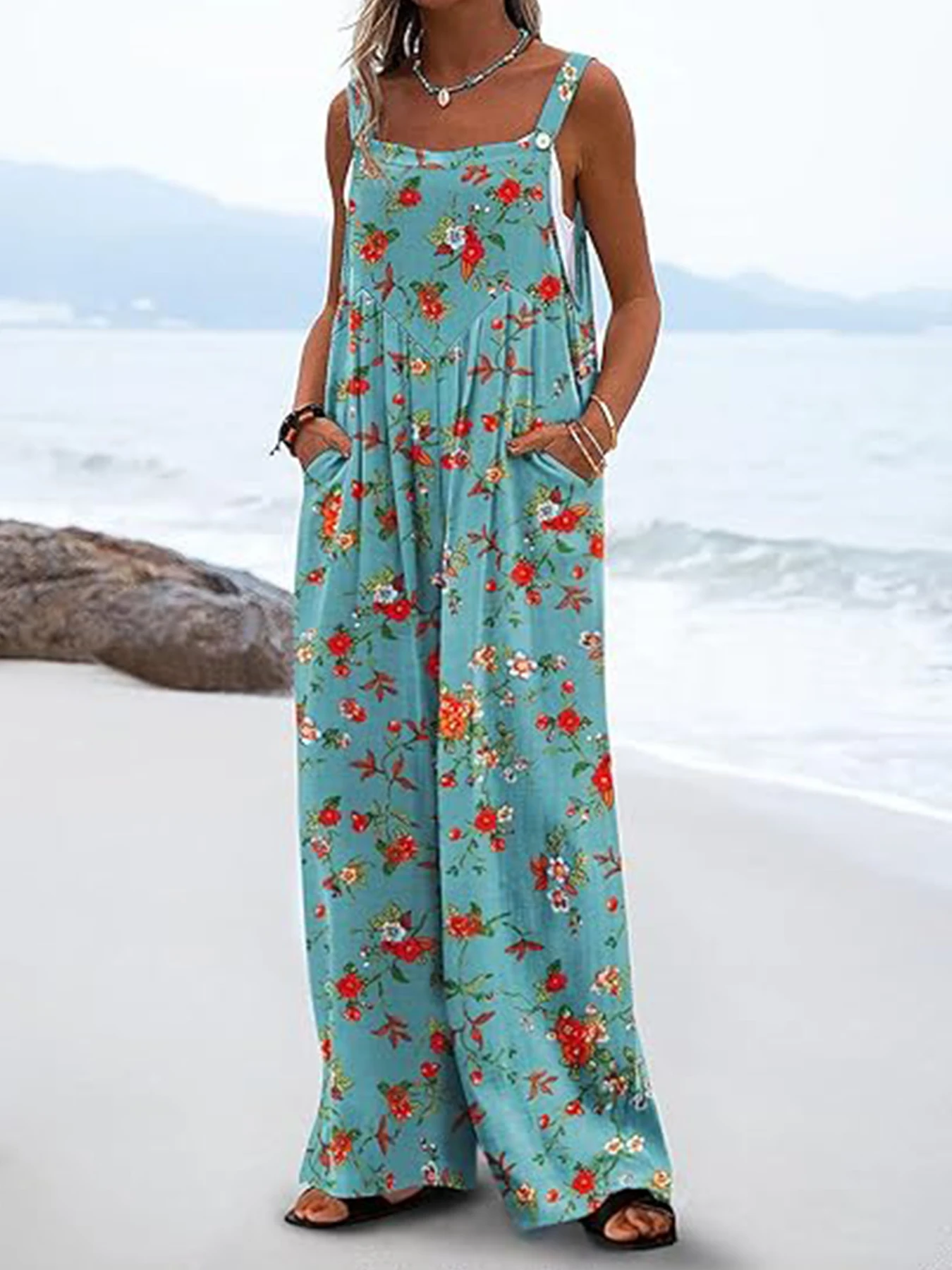 Women's Summer Floral Print Jumpsuit, Suitable for Vacations and Beaches