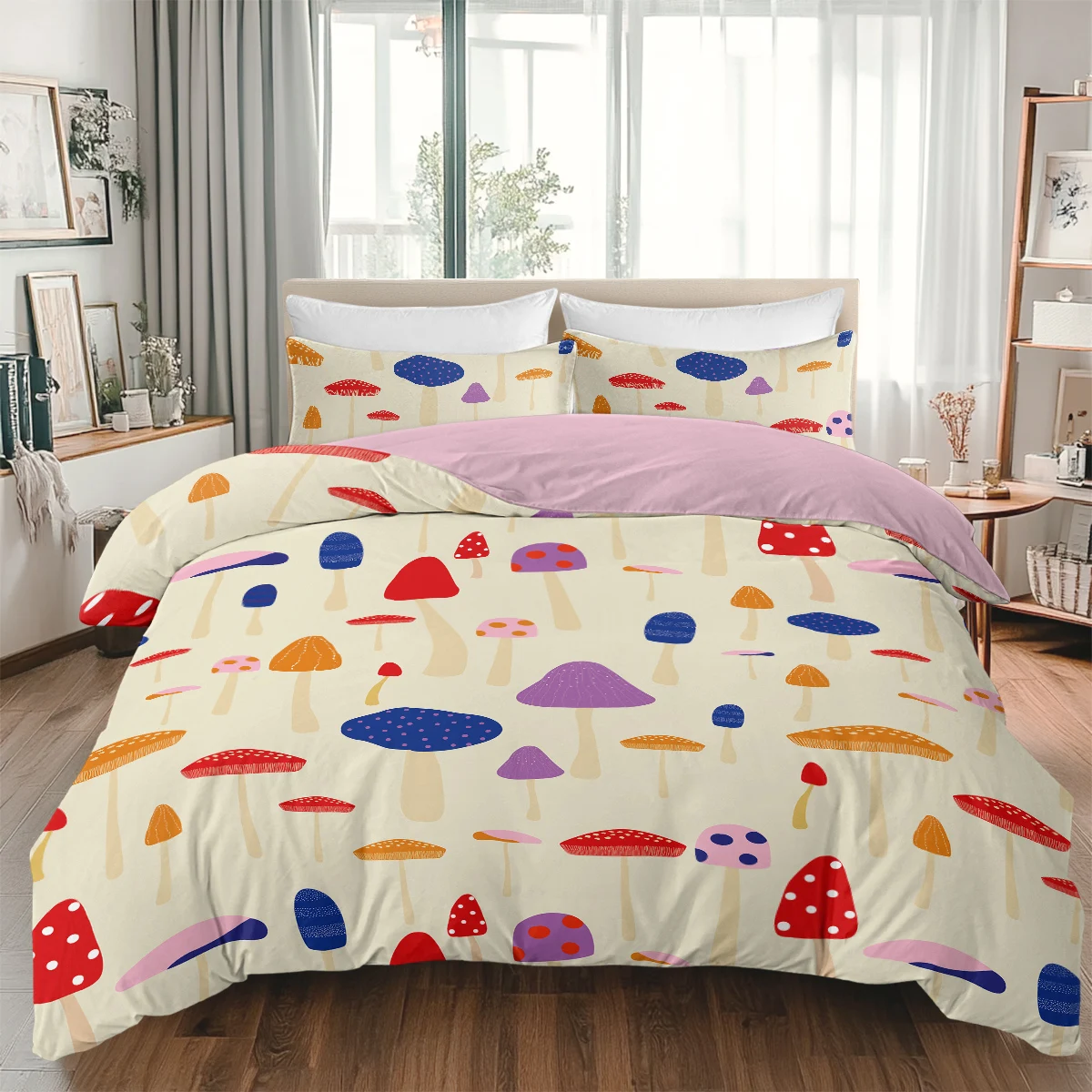 3PCS Colorful Mushroom Design Duvet Cover Set Soft Lightweight Bedding Set, Bed Room Decor Featival Gifts Suit For All Season
