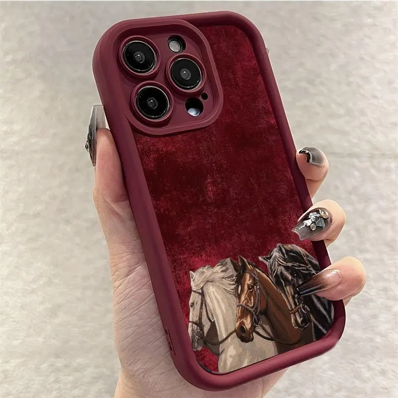 

Three Crimson horses phone case for iPhone 17 16 15 14 13 12 11 Pro/ Max/Plus shock-proof rear cover anti-fingerprint