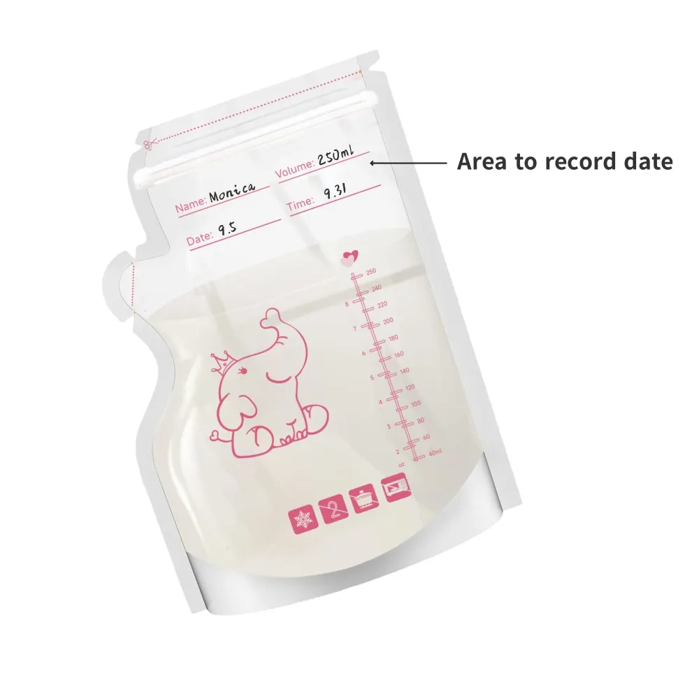 250ml  50pcs Breastmilk Storage Bag elephant printing Self Standing No Leak Milk Freezer Bags Safe Feed BPA Free