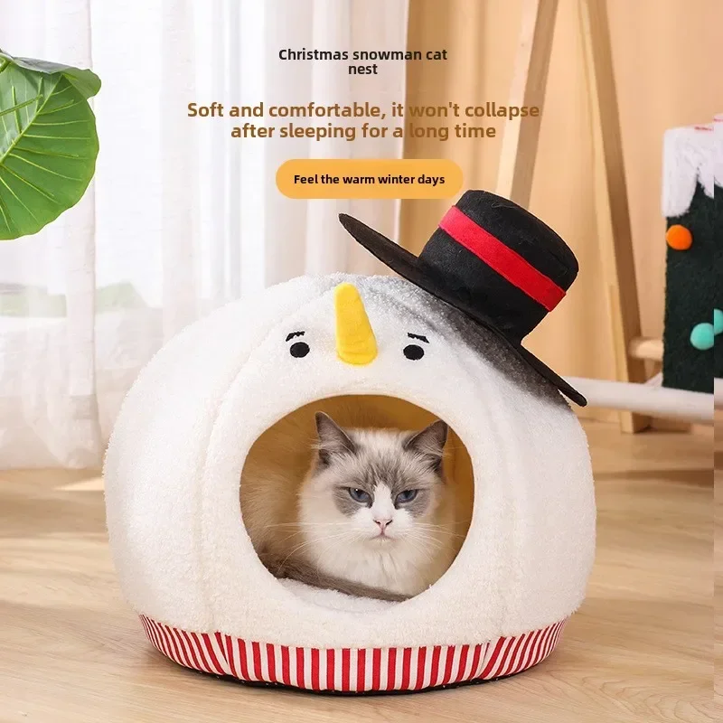 Cat nest universal in autumn and winter semi-closed cat house cute Christmas snowman cat nest winter warm pet supplies