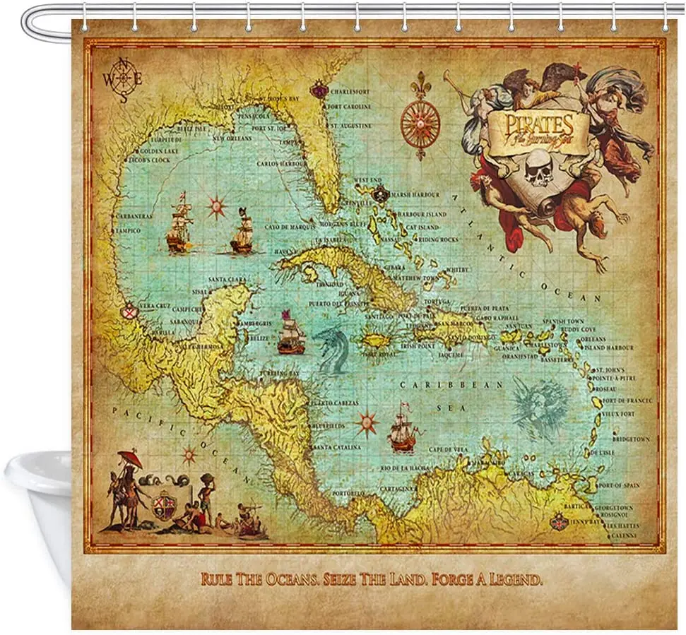 Nautical Decor Shower Curtain Medieval Caribbean Map with Pirate Ship Bathroom Curtain Polyester Fabric Bath Curtains with Hooks