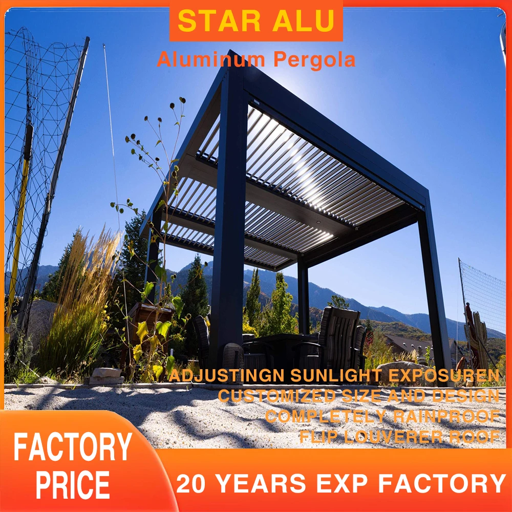 Bioclimatic 6063 T5 Aluminum Motorized Louvered Pergola Commercial Cafeteria Waterproof Retractable Electric Gazebo Patio Custom