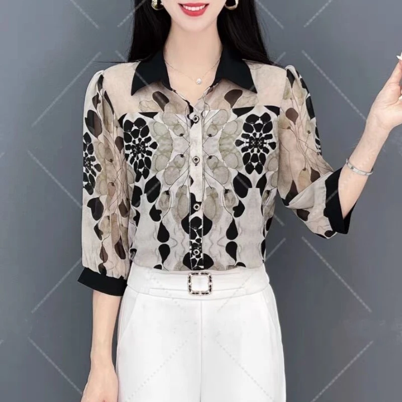 2024 Spring/Summer New High End Pendant Feeling Anti Wrinkle Chiffon Shirt Women\'s Satin New Chinese Style Fashion Printed Top