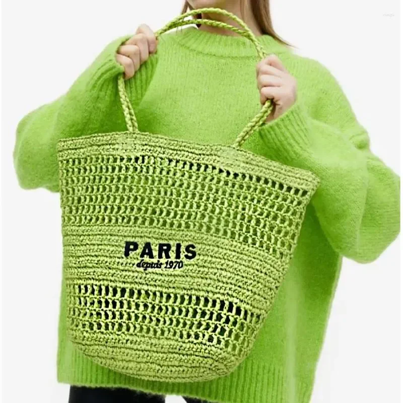 

Totes Casual Hollow Straw Shoulder Bag Letters Papaer Woven Tote Handmade Beach Handbags Large Capacity 2024 Summer Bali
