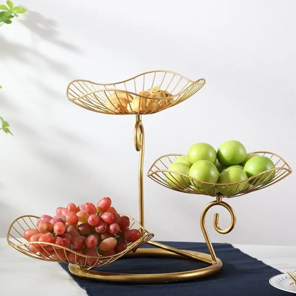 

Lotus Leaf Shape 3-Tier Fruit Basket Metal Wire Vintage Fruit Storage Tray Space-Saving with Base Multi-Layer Serving Tray